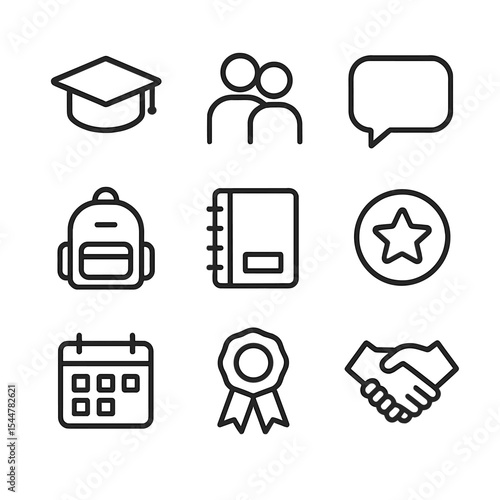 Youth Mentorship Icons. Outline icon set of youth mentorship programs: graduation cap, mentor and mentee, chat bubble, backpack,