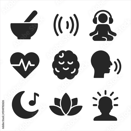 Therapeutic Sound Icons. Solid, filled icons set of therapeutic sound and healing: sound bowl, vibration lines