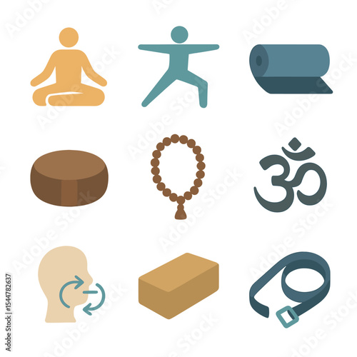 Yoga Icon Set. Flat icon set of yoga rejuvenation: lotus pose, warrior pose, yoga mat, meditation cushion, mala beads, chant