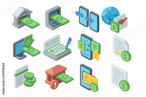 Financial technology icons illustrating online transactions and banking methods