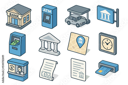 Banking icon set featuring atm, bank building, map, and financial symbols
