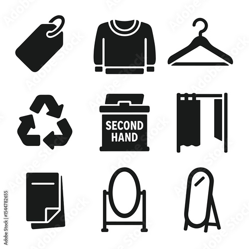 Thrift Store Icons. Solid, filled icons set of thrift store fashion: price tag, folded sweater, wooden hanger,