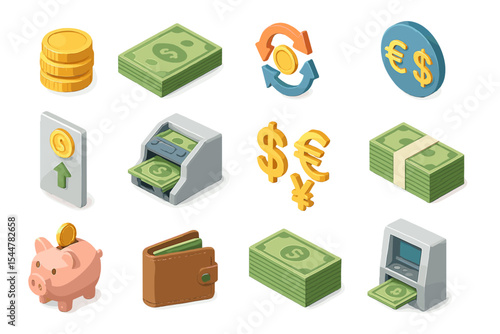Financial icons set: coins, cash, atm, currency symbols, piggy bank, wallet