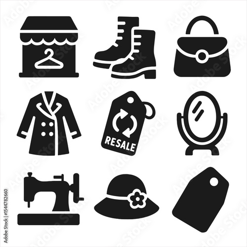 Thrifting Icon Set. Solid, filled icons set of thrifting and vintage fashion: thrift shop, vintage boots, retro handbag, secondhand coat, resale label, mirror, sewing machine, vintage hat, tag icon.