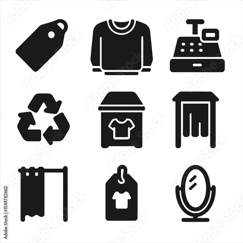 Thrift Store Icons. Solid, filled icons set of thrift store fashion: price tag, folded sweater, wooden hanger,