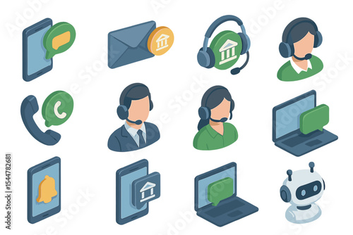Isometric customer service icons with robot and communication tools