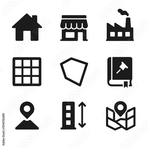 Zoning Icons Grid. Flat icon set of zoning and land use: residential zone, commercial zone, industrial zone, map grid, land parcel