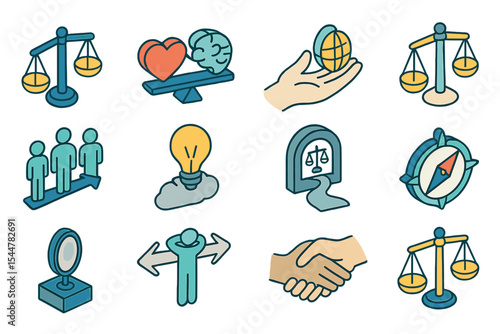 Abstract icons of balance, teamwork, ideas, and ethics in blue and yellow tones