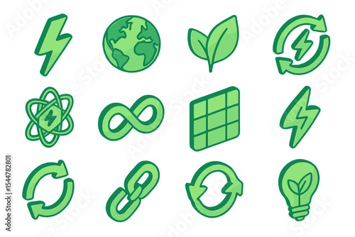 Green energy icons featuring sustainability and renewable symbols