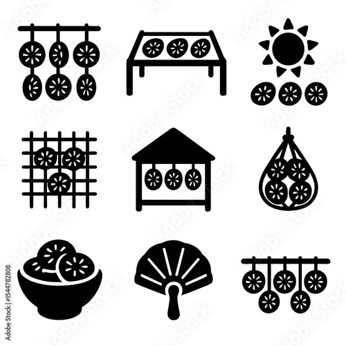 Traditional Fruit Drying Icons. Solid, filled icons set of traditional fruit drying: hanging slices, wooden