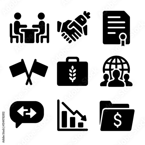 Trade and Food Icons. Solid, filled icons set of trade negotiations and food policy: diplomat table, food
