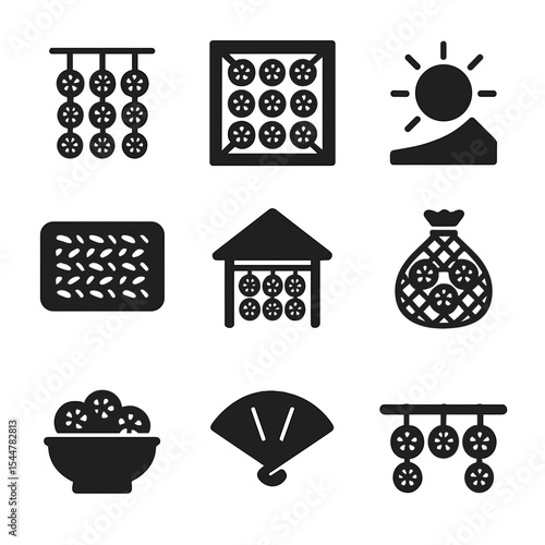 Traditional Fruit Drying Icons. Solid, filled icons set of traditional fruit drying: hanging slices, wooden