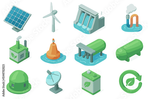 Isometric icons of renewable energy sources and eco-friendly technologies