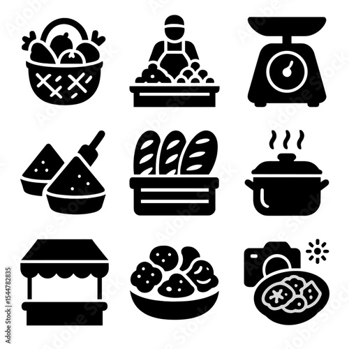 Traditional Market Icons. Solid, filled icons set of traditional market scenes: basket of produce, street