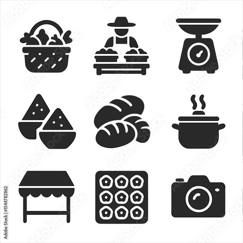 Traditional Market Icons. Solid, filled icons set of traditional market scenes: basket of produce, street