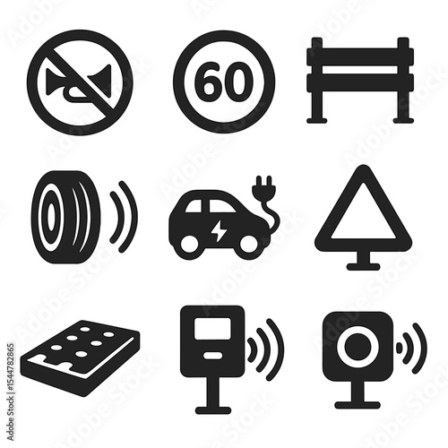 Traffic Noise Mitigation Icons. Solid, filled icons set of traffic and vehicle noise mitigation: car horn ban,