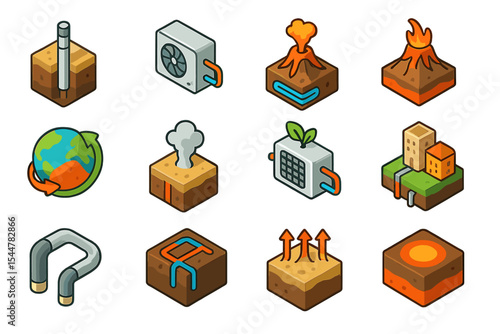 Geothermal energy icons collection with volcanic and environmental themes
