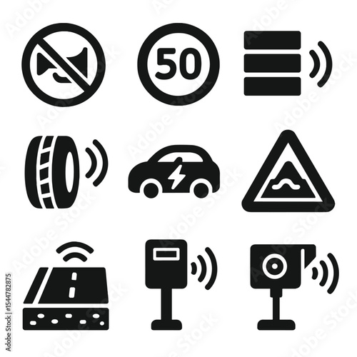 Traffic Noise Mitigation Icons. Solid, filled icons set of traffic and vehicle noise mitigation: car horn ban,