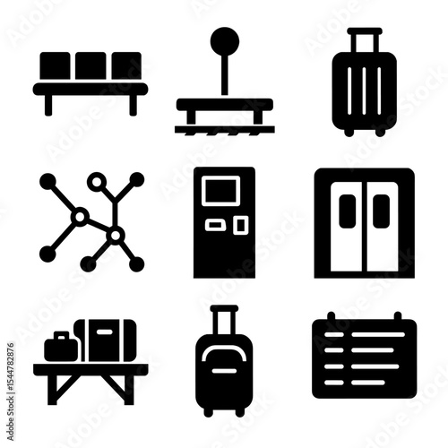 Train Travel Icons. Solid, filled icons set of train and transit travel with luggage: station bench, platform