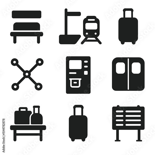 Train Travel Icons. Solid, filled icons set of train and transit travel with luggage: station bench, platform