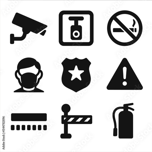 Transit Safety Icons. Solid, filled icons set of transit safety and rules: CCTV camera, emergency brake, no