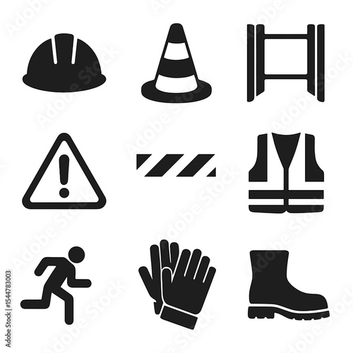 Trench Safety Icons. Solid, filled icons set of safety in trench construction: hard hat, warning cone, trench