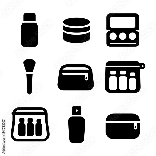 Travel Vanity Icons. Solid, filled icons set of travel vanity setup: mini bottle, travel jar, compact palette,