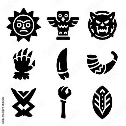 Tribal Mythic Icons. Solid, filled icons set of tribal mythic icons: sun mask, war totem, beast drum, sacred