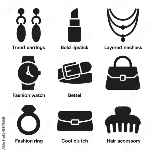 Trendy Fashion Icons. Solid, filled icons set of fashionable street details: trendy earrings, bold lipstick,