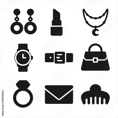 Trendy Fashion Icons. Solid, filled icons set of fashionable street details: trendy earrings, bold lipstick,