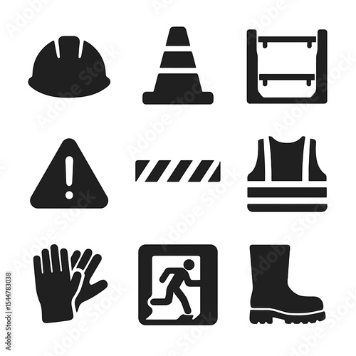 Trench Safety Icons. Solid, filled icons set of safety in trench construction: hard hat, warning cone, trench