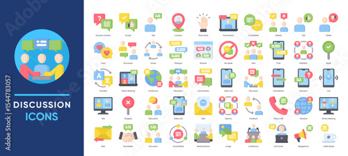 Discussion icons collection set, featuring meetings, chats, calls, opinions, and collaboration. Ideal for presentations, forums, video calls, teamwork, and communication platforms.