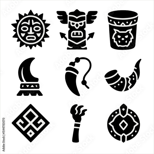 Tribal Mythic Icons. Solid, filled icons set of tribal mythic icons: sun mask, war totem, beast drum, sacred