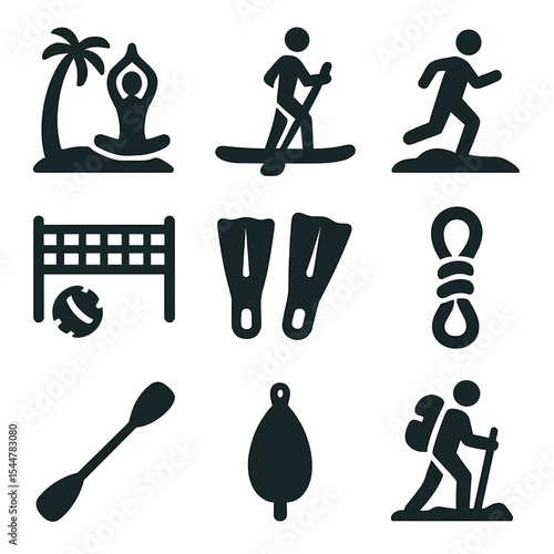 Tropical Fitness Icons. Solid, filled icons set of tropical fitness and sports: beach yoga, paddleboard, beach