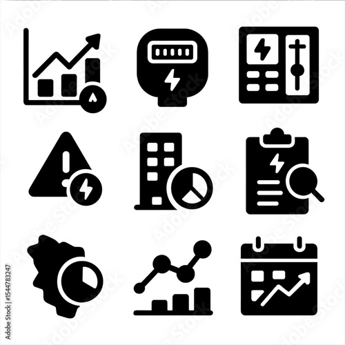 Urban Energy Icons. Solid, filled icons set of urban energy monitoring: energy usage graph, meter reading,