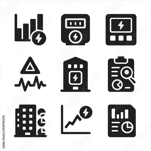 Urban Energy Icons. Solid, filled icons set of urban energy monitoring: energy usage graph, meter reading,