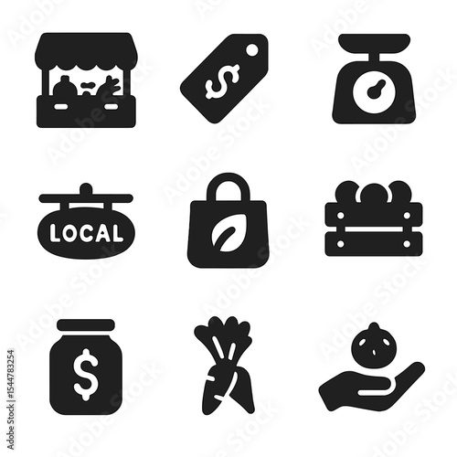Urban Market Icons. Solid, filled icons set of urban farm market stands: produce stall, price tag, scale,