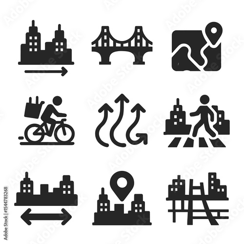 Urban Icon Grid. Solid, filled icons set of city-to-city connections: double skyline, bridge span, map line,