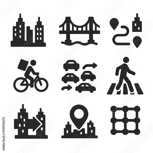 Urban Icon Grid. Solid, filled icons set of city-to-city connections: double skyline, bridge span, map line,