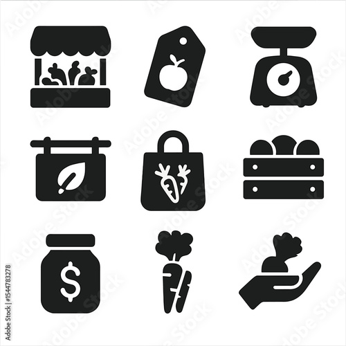 Urban Market Icons. Solid, filled icons set of urban farm market stands: produce stall, price tag, scale,
