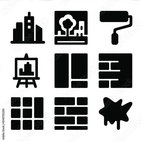Urban Painting Icons. Solid, filled icons set of urban painting scenes: city skyline, mural wall, paint roller