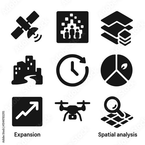 Urban Growth Icons. Solid, filled icons set of visualizing sprawl with data: satellite image, population