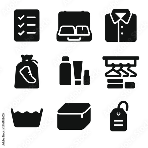 Vacation Unpacking Icons. Solid, filled icons set of vacation unpacking checklist: checklist icon, open suitcase,