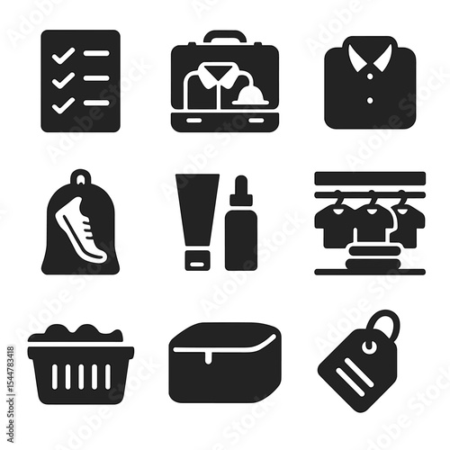 Vacation Unpacking Icons. Solid, filled icons set of vacation unpacking checklist: checklist icon, open suitcase, 