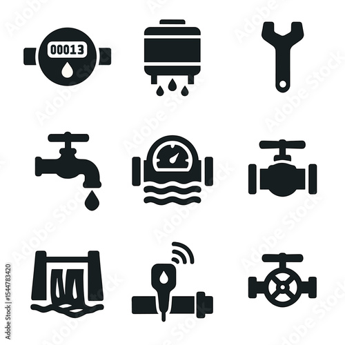 Urban Water Icons. Solid, filled icons set of urban water systems: water meter, water treatment tank, pipeline