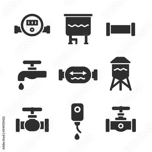 Urban Water Icons. Solid, filled icons set of urban water systems: water meter, water treatment tank, pipeline