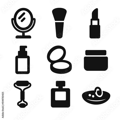 Vanity Essentials Icons. Solid, filled icons set of vanity essentials: mirror stand, makeup brush, lipstick