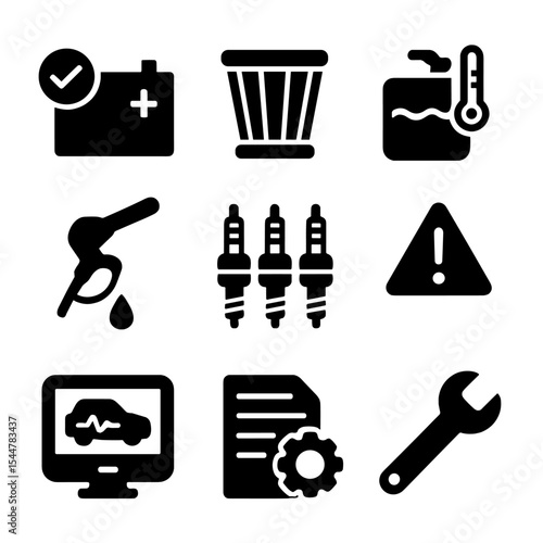 Vehicle Maintenance Icons. Solid, filled icons set of vehicle maintenance tracking: battery check, air filter,