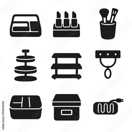 Vanity Organizer Icons. Solid, filled icons set of vanity organization ideas: drawer tray, lipstick holder,