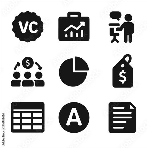 Venture Capital Icons. Solid, filled icons set of venture capital: VC badge, portfolio chart, elevator pitch,